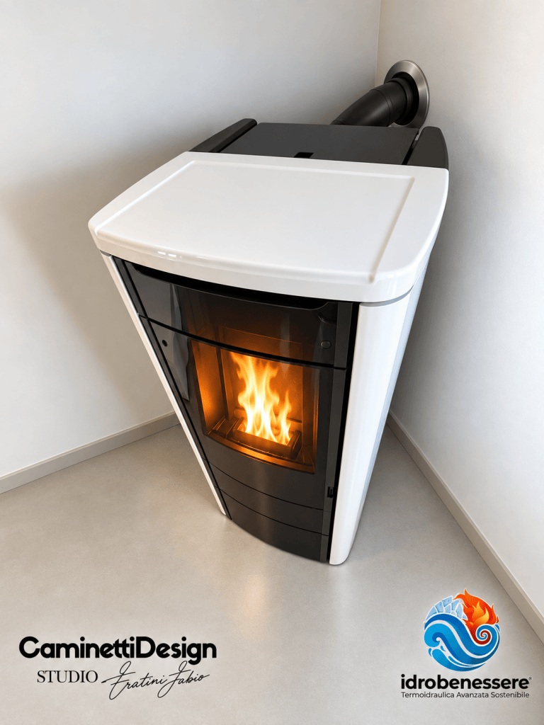Stufa a pellet moderna con frontale in vetro, fiamme visibili attraverso il display, design elegante e compatto.