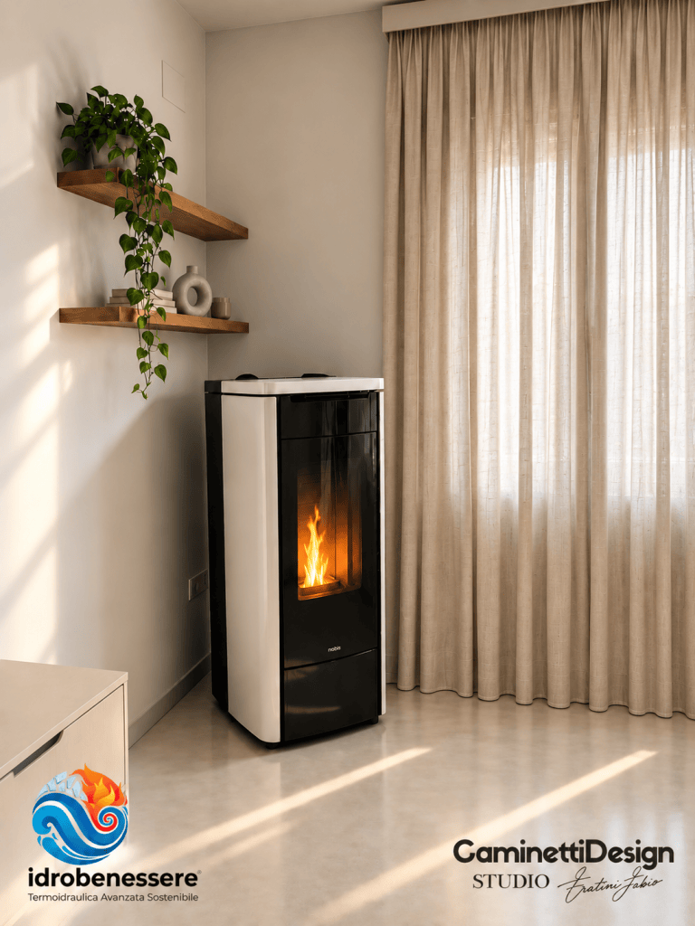Una stufa moderna con fiamma visibile in un soggiorno luminoso, con tende chiare e scaffali in legno decorati con piante e oggetti.