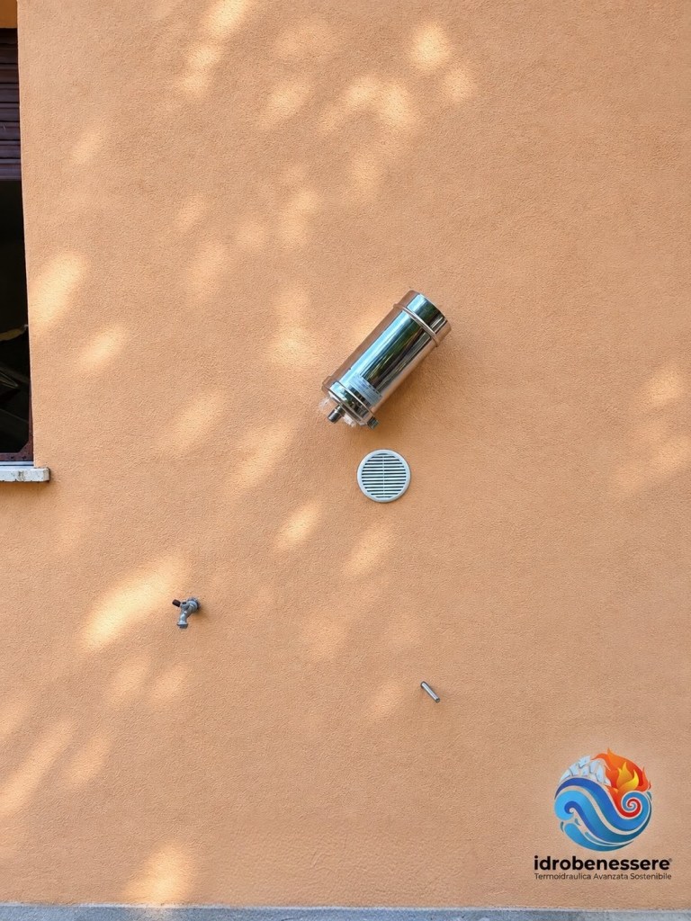 Parete arancione con un tubo metallico appeso, una griglia di ventilazione e un rubinetto.