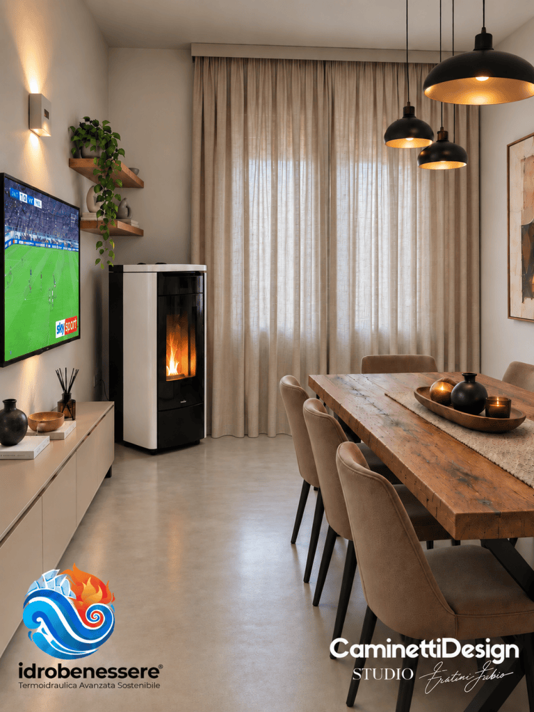 Interno di un soggiorno moderno con un camino, un televisore che trasmette una partita di calcio e un grande tavolo da pranzo in legno.